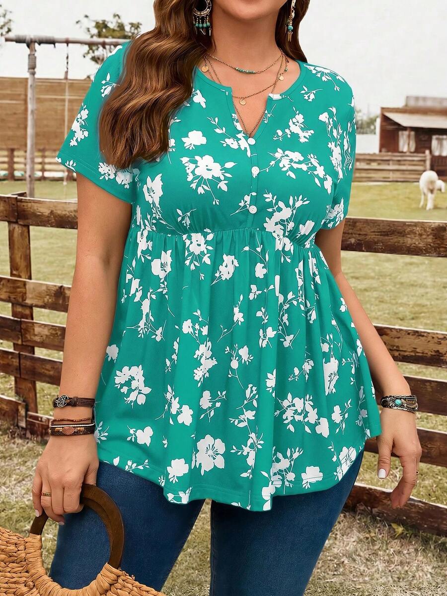 EMERY ROSE Plus Size Women Floral Print V-Neck Short Sleeve T-Shirt,Vacation Outfits Woman,Boho For Women - Limelight Green - View 1