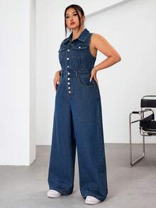 SHEIN EZwear 大码女式时尚牛仔连体裤 - 中等水洗藍 - 查看 4