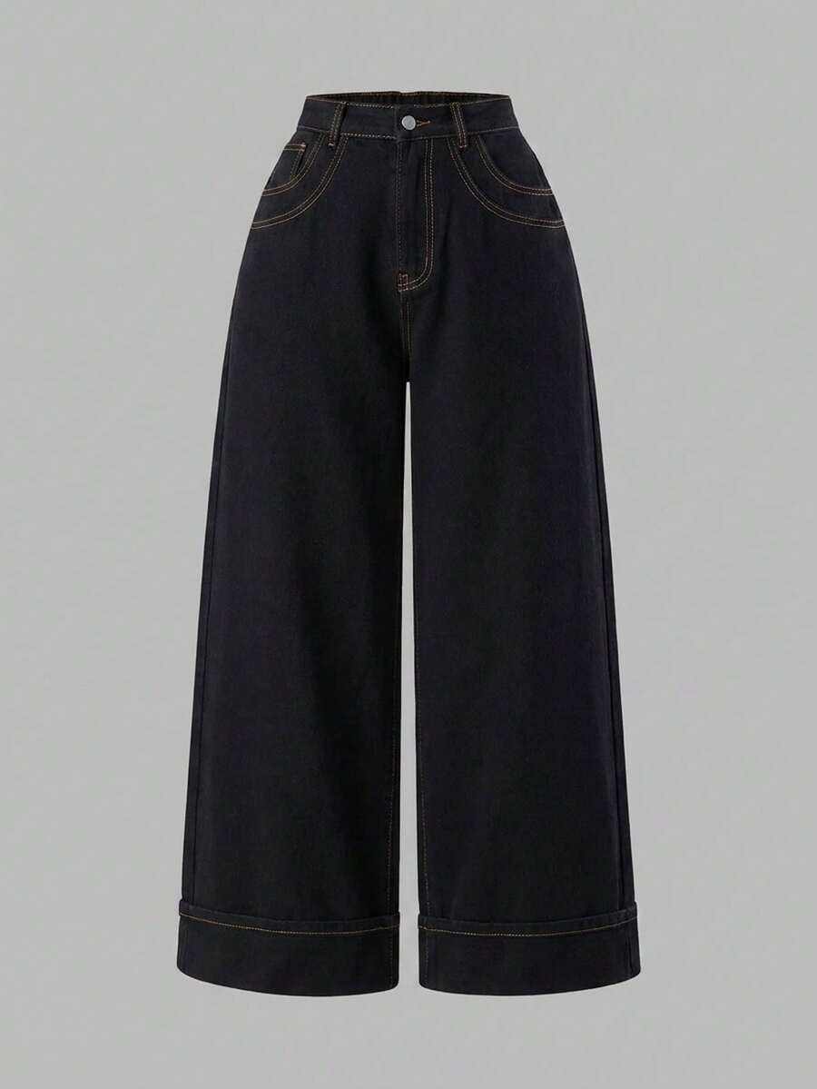 SHEIN MOD 大码女式宽松口袋阔腿休闲牛仔裤 - 黑色 - 查看 1