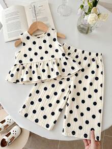 SHEIN LMoss Kids 女婴波点印花荷叶边圆领背心和裤子休闲套装 - 黑與白 - 查看 4