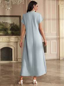 Al Najma Embroidered Floral Shoulder Sleeve Notched Neck Short Sleeve Elegant Dress - Blue - View 2