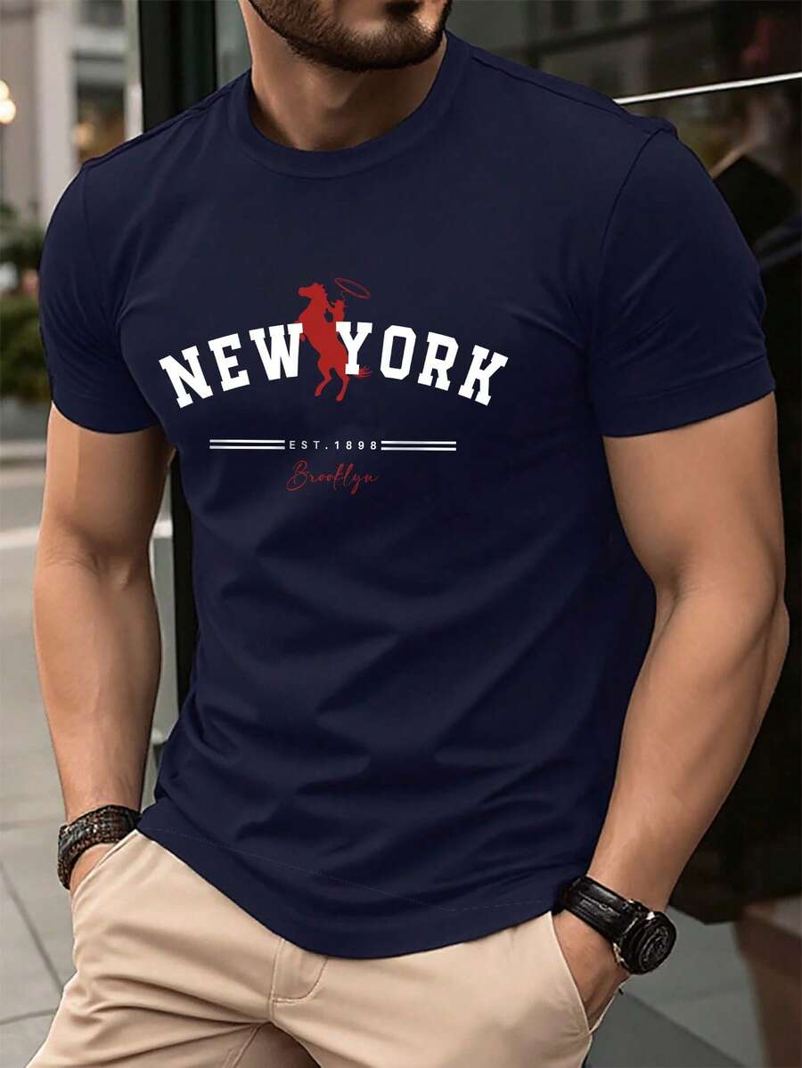 Manfinity Homme Men's Round Neck Letter Knight Print Casual Versatile Daily Wear Short Sleeve T-Shirt, Holiday - Royal Blue - View 1
