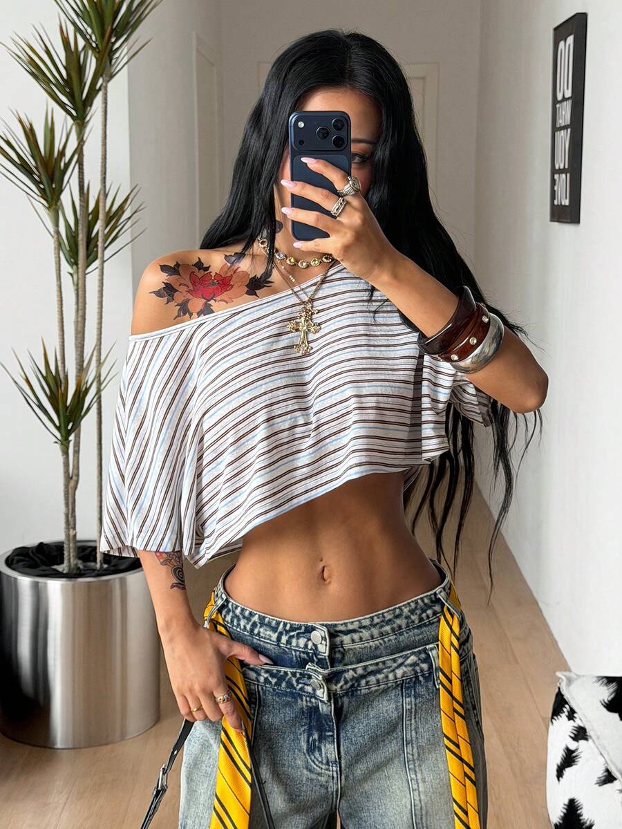 Coolane Áo thun nữ phong cách đường phố, đi chơi, thể thao, thường ngày, in họa tiết, trễ vai, dáng rộng, ngắn màu đỏ. - Nhiều màu - Xem 1