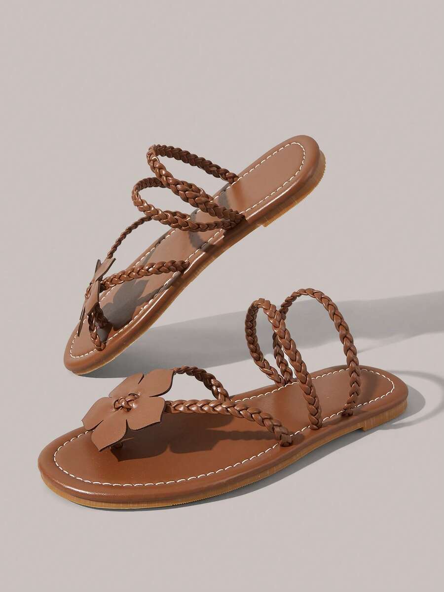 Styleloop Giày nữ màu nâu đan dây có hoa, sandal La Mã đế bệt cho mùa hè và đi du lịch - màu nâu - Xem 1