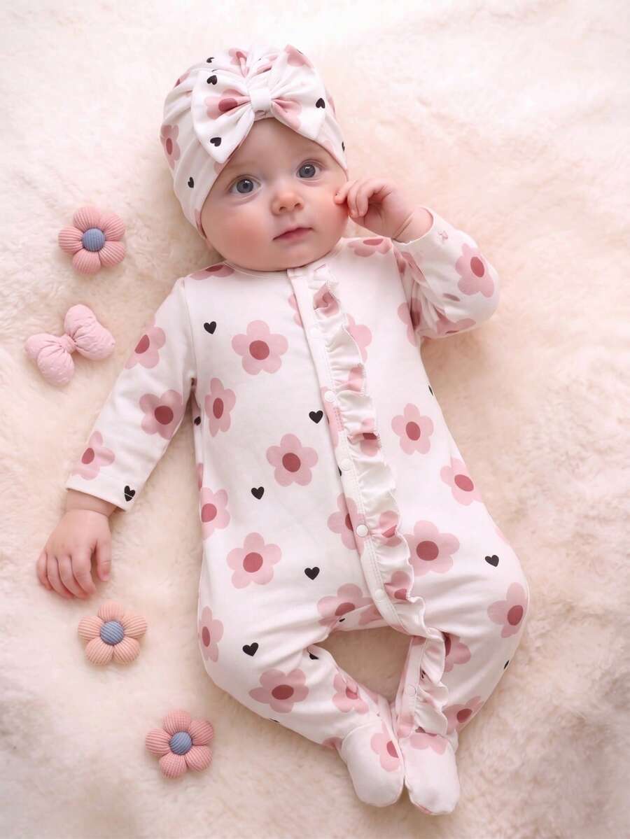 SHEIN Bộ áo liền quần in nơ dễ thương cho bé sơ sinh kèm mũ, hàng mới về mùa thu. - trắng - Xem 1