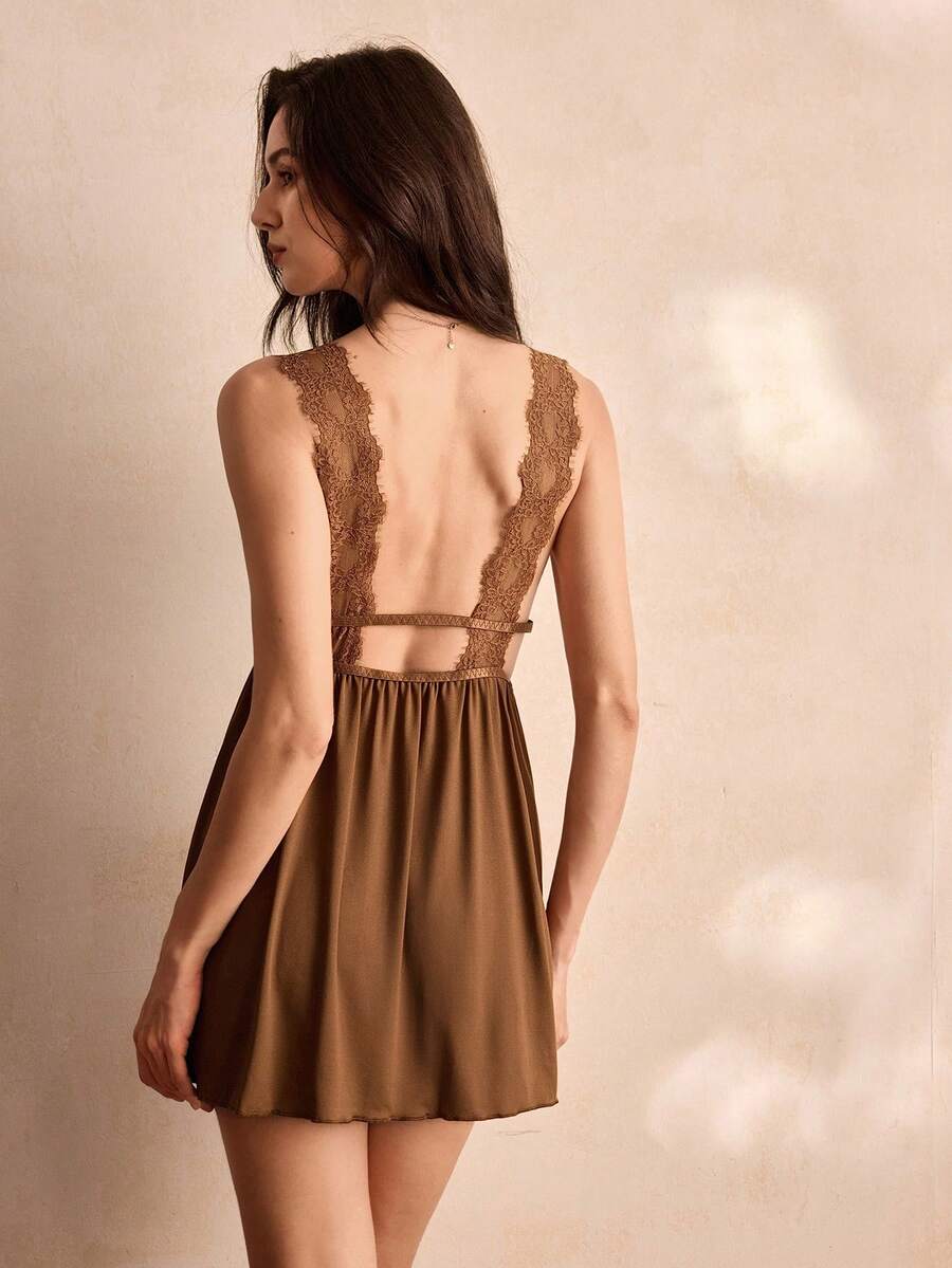 Charlaine Women's Sexy Lace Splice Sleeveless Nightgown Dress With Open Back - Coffee Brown - View 1