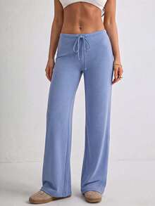Pantalones casuales de pierna recta larga de unicolor para mujer con elasticidad media - Celeste - Ver 6