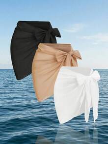 SHEIN Swim 大尺碼女款雪紡休閒熱帶性感希臘女神度假海灘遮陽裙套裝 白色 黑色 全白 夏季 - 彩色 - 查看 1