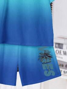 SHEIN 青少年男童休闲舒适简约圆领短袖T恤和短裤套装 - 彩色 - 查看 5