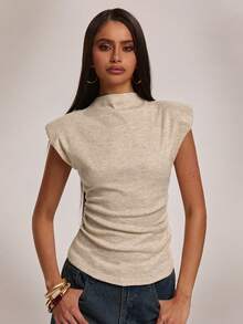 SHEIN BAE Damen Lässig Plissee Boot-Ausschnitt Gepolsterte Schulter Bluse, geeignet für Arbeit, Pendeln, Lässig, Lehrerin, Beige Top, Outdoor-Kleidung - Beige - Übersicht 4