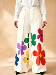 GlowEve CURVE Plus Size Women's Colorful Floral Print Straight Leg Casual Pants, Spring/Summer - Multicolor - View 1