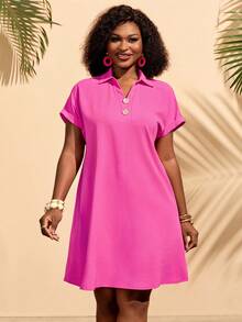 BrightlyHer Plus Size Women Textured Vacation Button Front Dress Summer Outfit For Beach Formal Hot Pink Smart Casual Curve Spring Clothing - Hot Pink - View 5