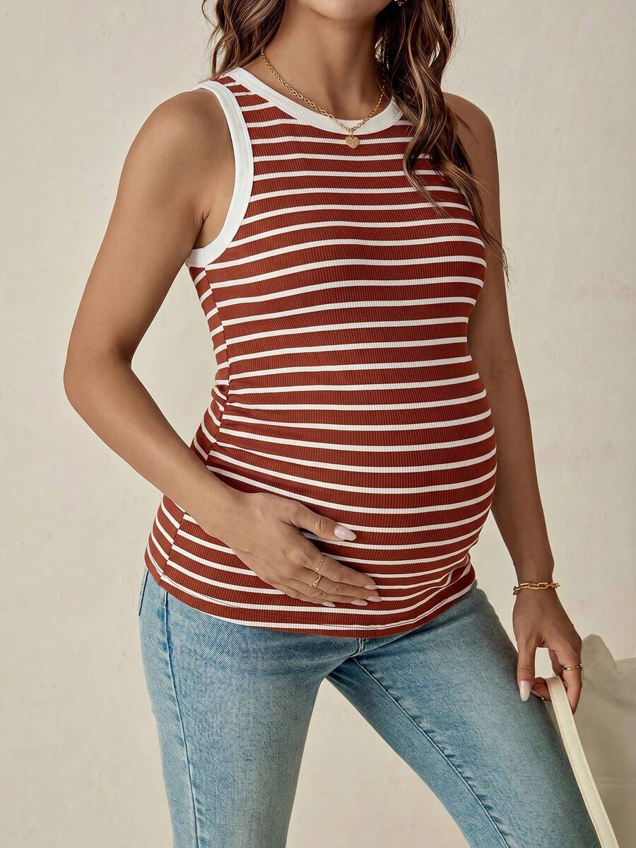 SHEIN 孕婦夏季休閒條紋飾邊圓領貼身背心上衣 - 紅色 - 查看 1