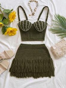 Soleia Setelan 2 Potong Baru: Bustier Berbentuk Cangkang & Rok Dalam Berumbai, Potongan Pas Badan, Gaya Bohemian, Boho, Liburan, Pakaian Wanita Musim Gugur, Vintage, Hari Raya - Hijau Tentara - View 3