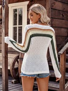 LanaWest Women's Contrast Color Round Neck Long Sleeve Countryside Style Sweater - White - View 2