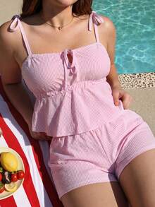 Swim Mod Plus Size Women 2 Pieces Striped Swimwear - Pink - View 5