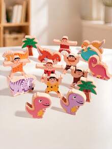 MINKOJA Kids Wooden Caveman & Dinosaur Stacking Balancing Toy With Double-Sided Challenge Cards Focus & Hand-Eye Coordination Training Parent-Child Interactive Educational STEM Building Blocks - Multicolor - View 5