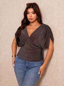 Elaquor Plus Size Women's Comfortable Casual Elegant Vacation Textured Fabric Ruched V-Neck Short Sleeve Elastic Waist Slimming T-Shirt, Spring/Summer - Coffee Brown - View 7