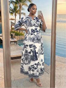 SHEIN Lady CURVE Plus Size Elegant White Floral Print Loose Notch Neck Dress,Summer Boho Kaftan Women's Holiday Resort Wear,Tea Party Casual Beach Cover Ups Outfit - Multicolor - View 5