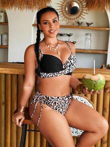 Traje de baño tipo bikini de triángulo con tirantes finos y cruzados en el frente, con estampado de leopardo y unicolor para mujer de talla - Multicolor - Ver 5