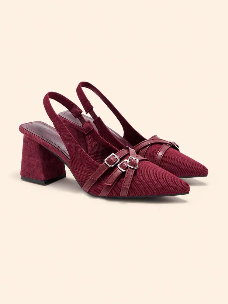 CUCCOO BASICS Women Shoes Pointed Thick High Heel Burgundy Knitted Multi-Strip Buckle Comfortable And Breathable Daily Versatile Commuter Essential For Going Out Women's High Heel Shoes Slingback Shoes Women's Shoes