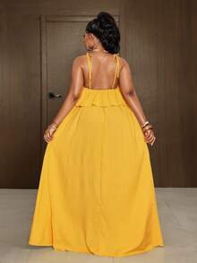 Maweii Vestido de fiesta casual con volantes en el bajo para mujer de talla grande y unicolor - Amarillo - Ver 4