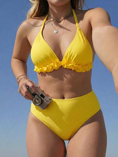 Swim Mod Áo bikini hai mảnh màu vàng óng ánh, viền bèo nhún, kiểu dáng yếm, thích hợp cho bãi biển, tiệc bể bơi, kết hợp với quần bơi.