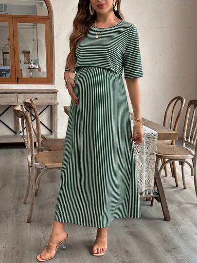 SHEIN Đầm cho bà bầu in sọc, thích hợp mặc đi nghỉ mát và đi làm, mùa hè.