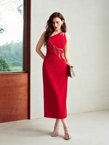 MOTF PREMIUM ELEGANT ASYMMETRICAL NECK SEQUIN EMBROIDERED DRESS - Red - View 5