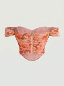 SHEIN MOD 大码女式夏季浪漫度假印花露肩荷叶边短款上衣 - 橘色 - 查看 2