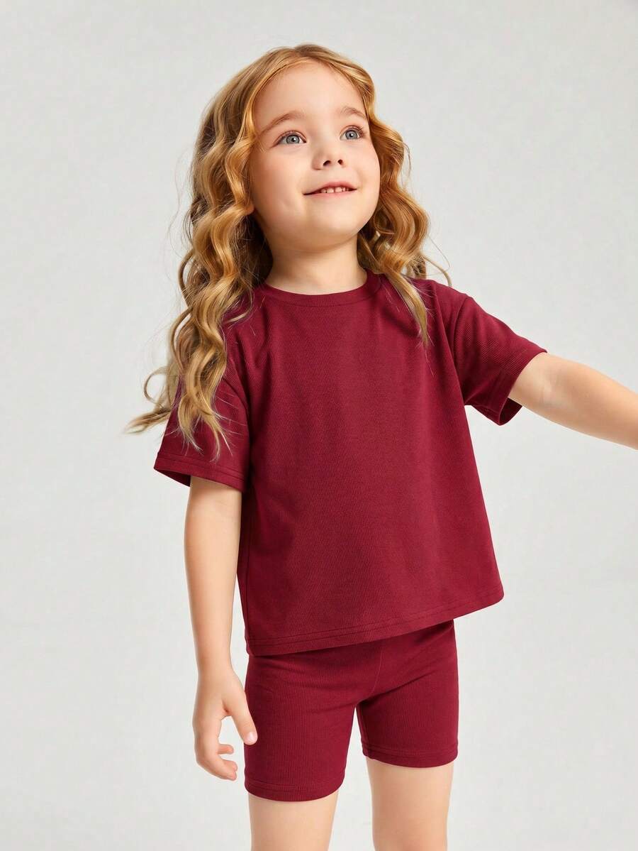 Conjunto de top de hombros caídos rojos y shorts de ciclista para niña, verano - Multicolor - Ver 1