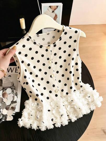 GlowEve Áo vest nữ mùa hè dệt họa tiết chấm bi, không tay, cổ tròn, cài khuy giả mắt mèo, dáng ôm, vạt thẳng, ngắn, kiểu dáng thời trang, thanh lịch, đa năng, thích hợp mặc thường ngày.
