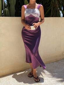 Livesso Women's Contrast Lace Thick Strap Elegant Mermaid Nightgown - Purple - View 4