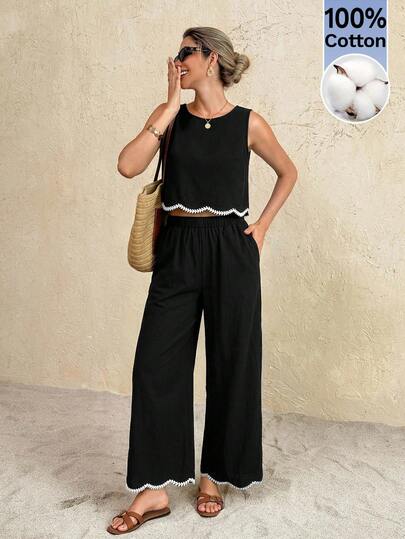 SHEIN Frenchy Bộ đồ nữ cổ tròn phối màu, áo và quần, kiểu dáng thường ngày, 2 món.