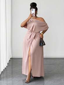 Maweii Plus Size Elegant High-End Asymmetric Shoulder Split Dress - Pink - View 3