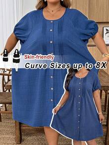 SHEIN CURVE+ 大码女式夏季休闲度假乡村风纯色圆领短泡泡袖单排扣褶皱设计休闲连衣裙/夏季/度假、夏季假期、春假穿搭、女士度假穿搭、女士假日穿搭 - 藍色 - 查看 1