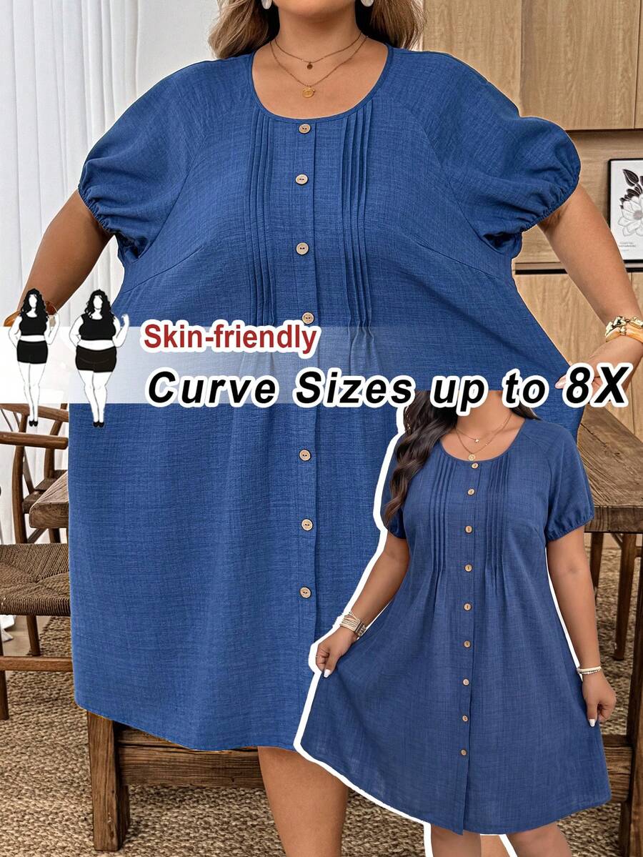 SHEIN CURVE+ 大码女式夏季休闲度假乡村风纯色圆领短泡泡袖单排扣褶皱设计休闲连衣裙/夏季/度假、夏季假期、春假穿搭、女士度假穿搭、女士假日穿搭 - 藍色 - 查看 1