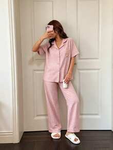 Napfluff Plaid Print Cute Bear Graphic Embroidered Pocket Front Button Short Sleeve Pants Women Pajama Set, Loungewear - Multicolor - View 6