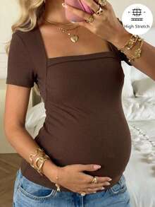 SHEIN Maternity Casual Solid Color Square Neck Fitted Short Sleeve T-Shirt, Summer - Brown - View 12