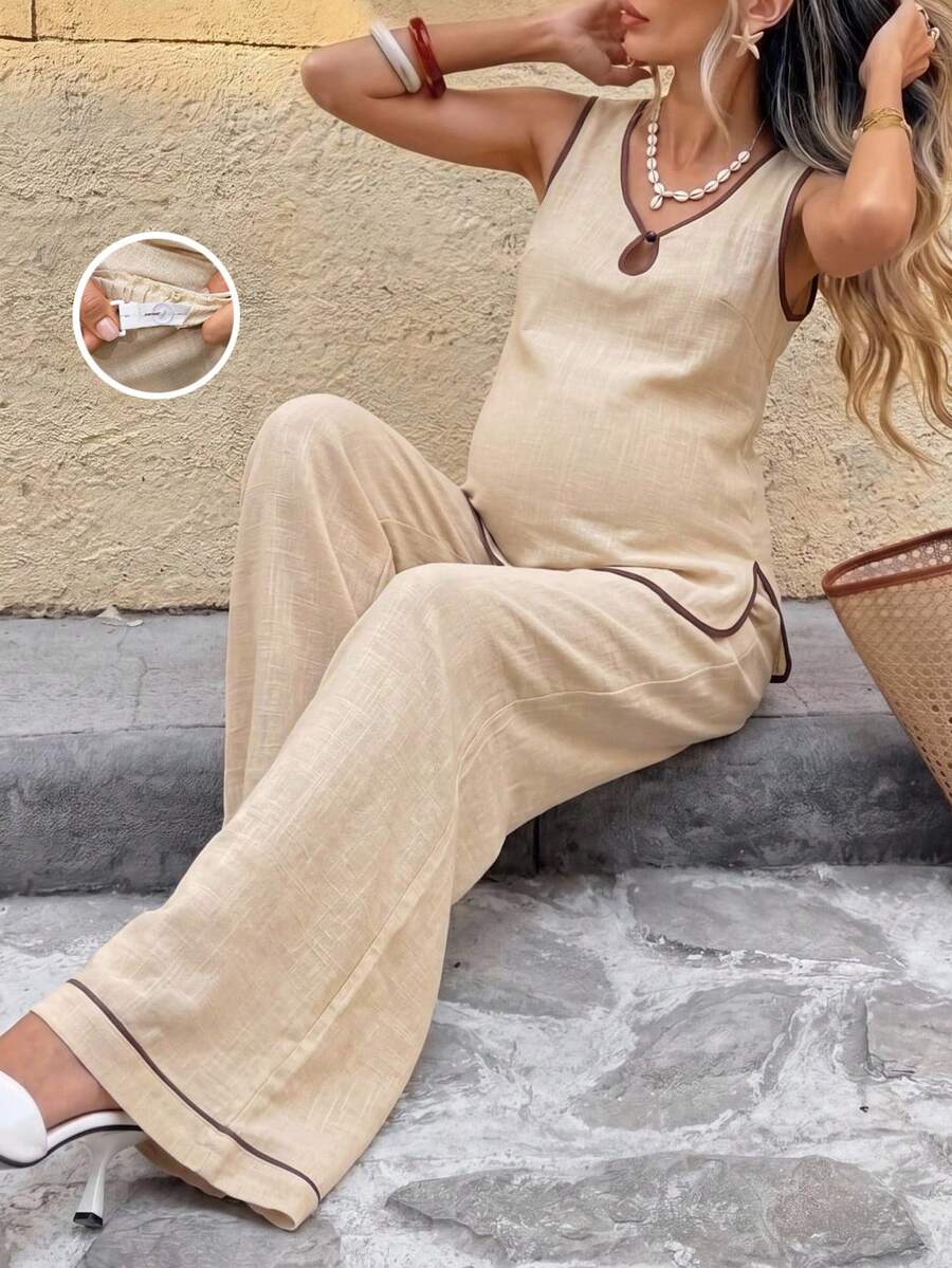 SHEIN This Two-Piece Maternity Set In Apricot Color Is Perfect For Spring And Summer. It Includes A Vest And A Pair Of Casual Trousers - Brown - View 1