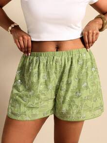 Elaquor Plus Size Sequin Patchwork Embroidered Elastic Waist Loose Summer Shorts Green Short For Women Casual Vacation Going Out Short For Women - Green - View 3
