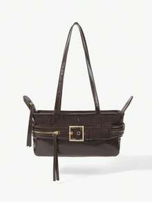 Viva Strut Women Dark Brown Solid Multi Zipper & Metal Buckle Large Capacity Minimalist Functional PU Leather Tote Bag - Coffee - View 13