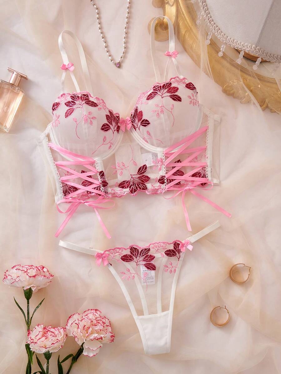 Myrelith Bộ đồ lót nữ ren thêu 2 món, gồm áo ngực corset và quần lọt khe. - Nhiều màu - Xem 1
