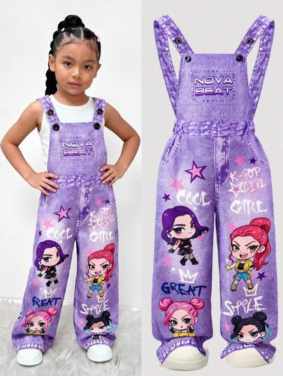 Young Girls' Woven Chain, Funny Cool Girl Letter Print Bib Pants, Fashionable Back-To-School Item, Personalized Jumpsuit For Spring, Summer, Autumn
