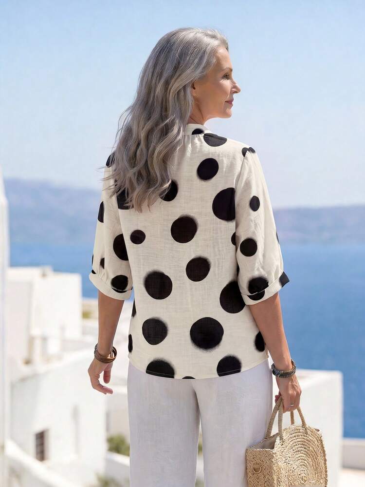 Plus Size Women's All-Over Print Round Neck Casual Shirt, Summer
