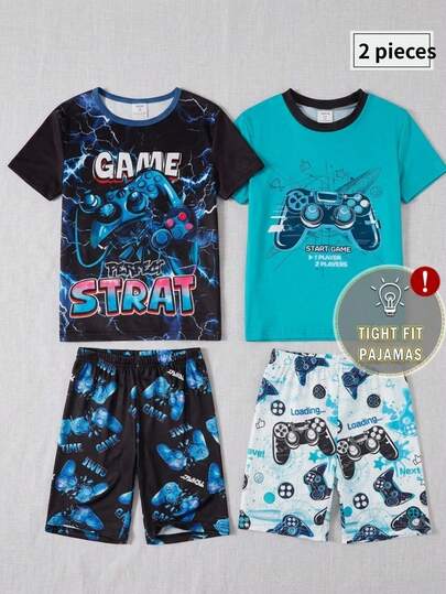 1 Set Game Controller Print Teen Boys Snug Fit Pajamas, Bright Blue Top With Game Controller Print, Paired With White Allover Print Shorts, Soft Knit Fabric, Comfortable Fit (1 Set Sold Separately)