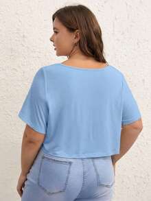 SHEIN BASICS 大码女式休闲纯色V领短款T恤 - 藍色 - 查看 3