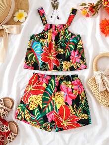 SHEIN Playful Pals 2件套婴幼儿男女通用热带印花吊带背心和短裤套装，适合0-3岁宝宝，女婴夏季服装，女婴套装，婴儿服装，适合户外、休闲、度假的婴儿休闲套装 - 黑色 - 查看 11