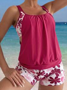 Swim Lushoire Đồ bơi tankini nữ họa tiết hoa cho mùa hè đi biển nghỉ dưỡng - Màu Hồng Tươi - Xem 4