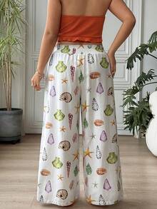 SHEIN EZwear Quần Palazzo ống rộng cạp cao dáng suông in họa tiết dành cho nữ cỡ lớn, thích hợp cho đi biển và kỳ nghỉ. - Nhiều màu - Xem 2